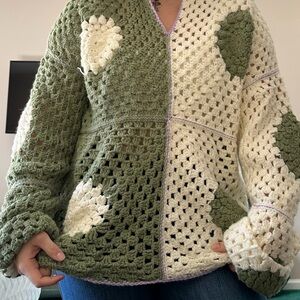 Handmade Green and Cream Crochet Sweater with Purple Seems
